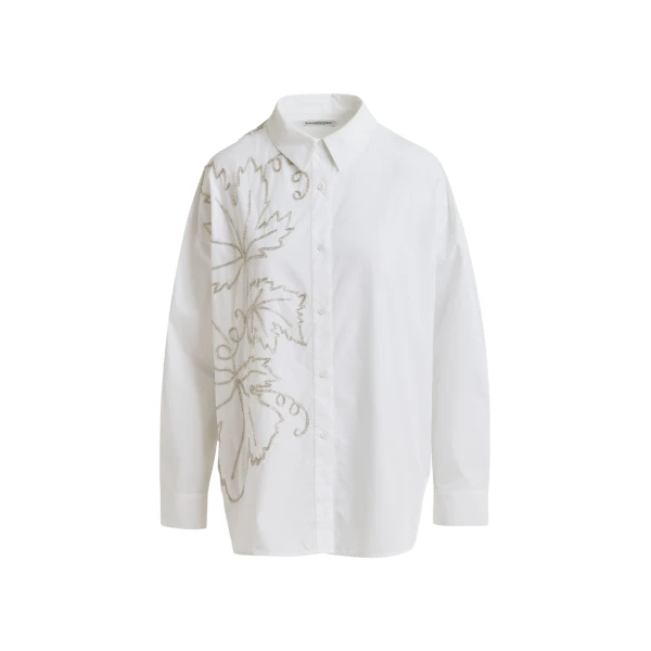 Essentiel Antwerp White oversized cotton shirt with bead embellished embroideries - Essentiel Antwerp Shirts - Colorful Belgian Design - Shop at Luxury Shoes 