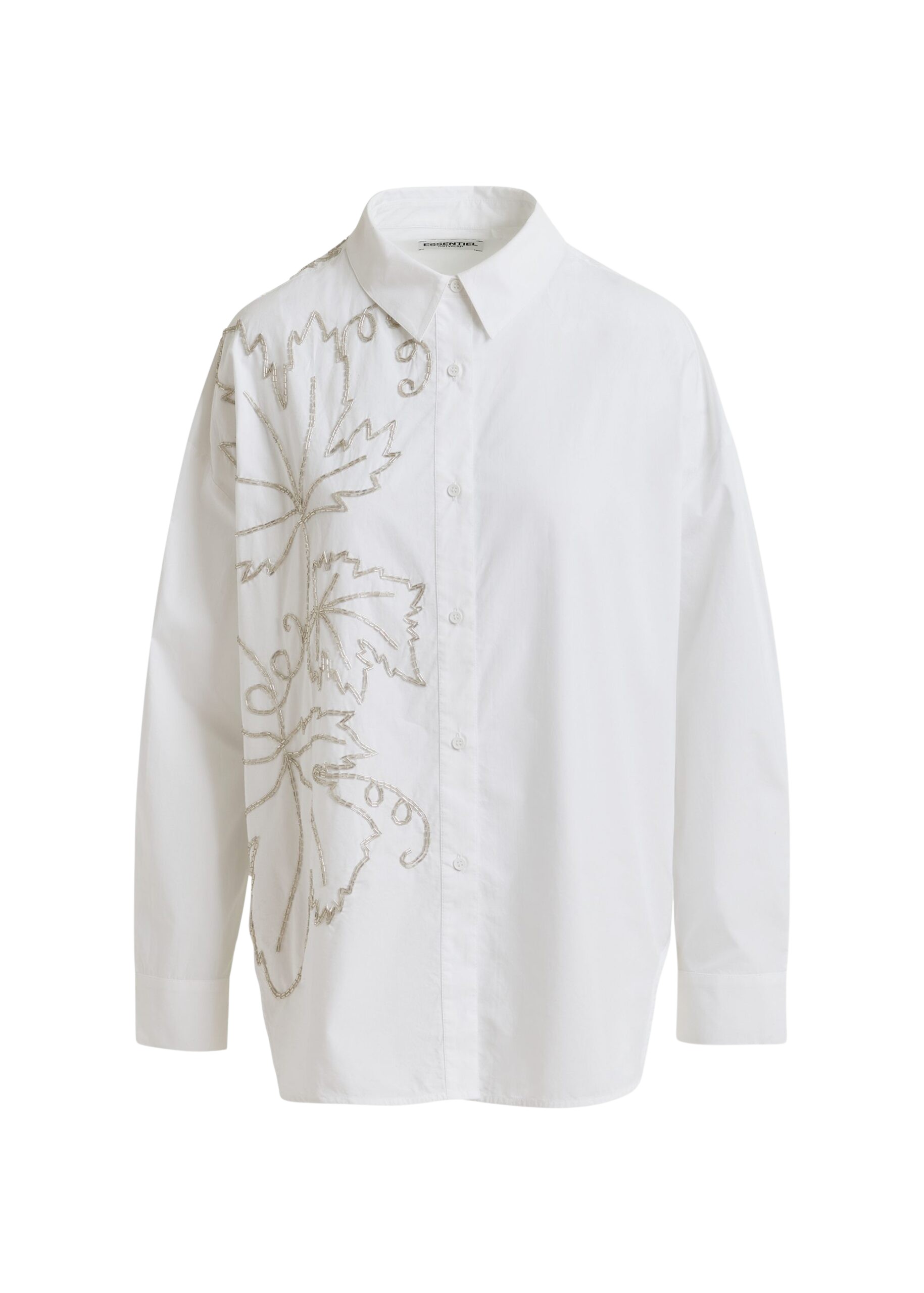 Essentiel Antwerp White oversized cotton shirt with bead embellished embroideries