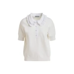 Essentiel Antwerp White ruffle fine-knit polo top with bead embellishments - Essentiel Antwerp Tops - Colorful Belgian Design - Shop at Luxury Shoes 