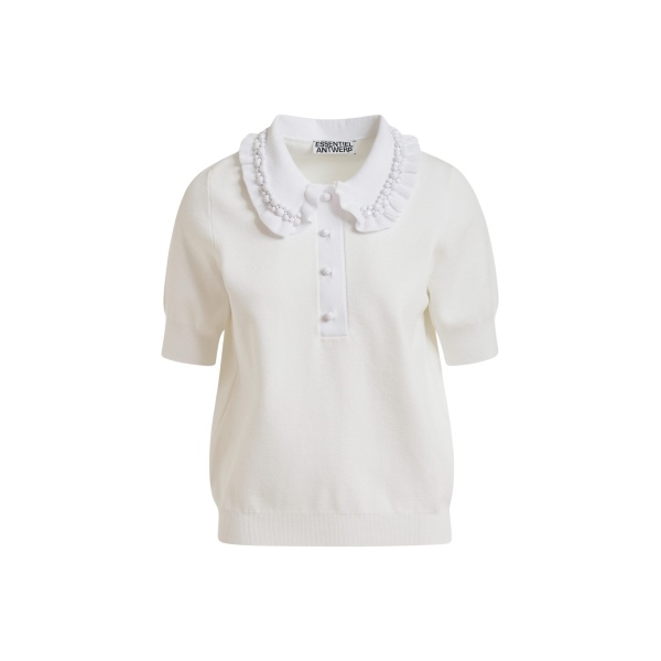 Essentiel Antwerp White ruffle fine-knit polo top with bead embellishments - Essentiel Antwerp Tops - Colorful Belgian Design - Shop at Luxury Shoes 