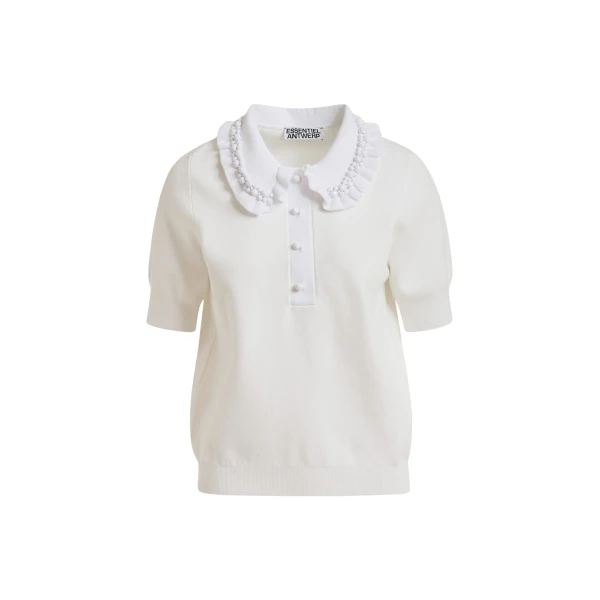 Essentiel Antwerp White ruffle fine-knit polo top with bead embellishments - Essentiel Antwerp Tops - Colorful Belgian Design - Shop at Luxury Shoes 