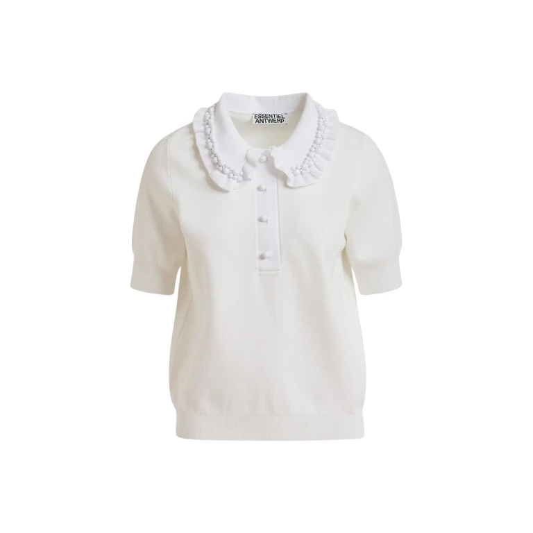 Essentiel Antwerp White ruffle fine-knit polo top with bead embellishments - Essentiel Antwerp Tops - Colorful Belgian Design - Shop at Luxury Shoes 