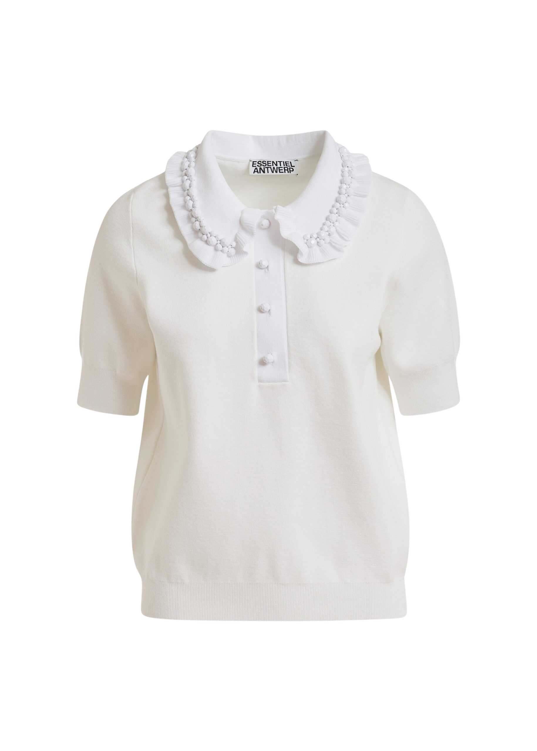 Essentiel Antwerp White ruffle fine-knit polo top with bead embellishments