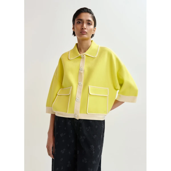 Essentiel Antwerp Yellow knit cardigan with flower buttons and off-white contrasting trims - Essentiel Antwerp Knitwear - Colorful Belgian Design - Shop at Luxury Shoes 
