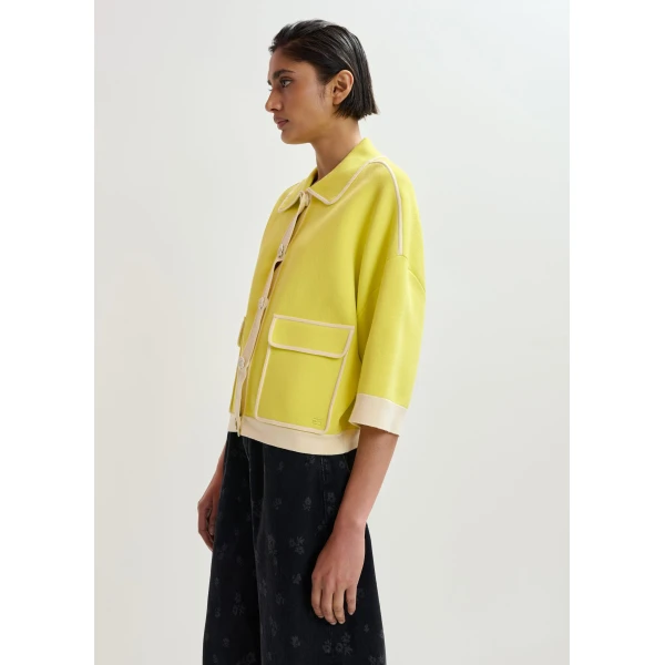 Essentiel Antwerp Yellow knit cardigan with flower buttons and off-white contrasting trims - Essentiel Antwerp Knitwear - Colorful Belgian Design - Shop at Luxury Shoes 