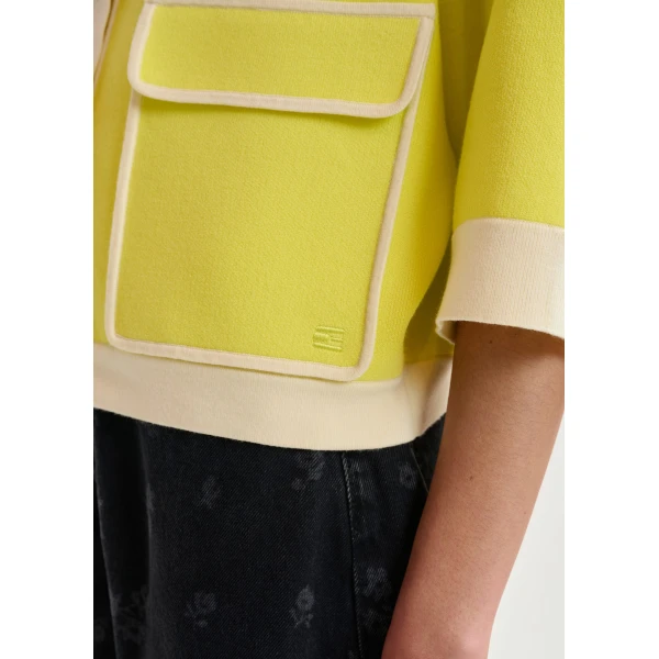 Essentiel Antwerp Yellow knit cardigan with flower buttons and off-white contrasting trims - Essentiel Antwerp Knitwear - Colorful Belgian Design - Shop at Luxury Shoes 