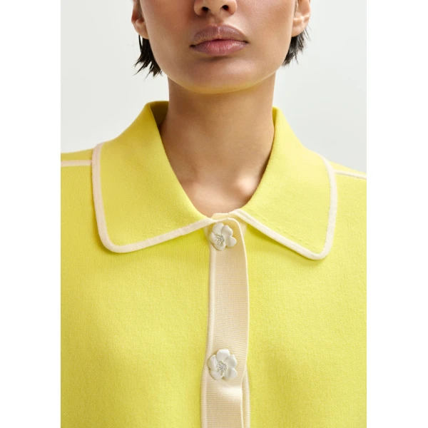Essentiel Antwerp Yellow knit cardigan with flower buttons and off-white contrasting trims - Essentiel Antwerp Knitwear - Colorful Belgian Design - Shop at Luxury Shoes 