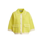 Essentiel Antwerp Yellow knit cardigan with flower buttons and off-white contrasting trims - Essentiel Antwerp Knitwear - Colorful Belgian Design - Shop at Luxury Shoes 