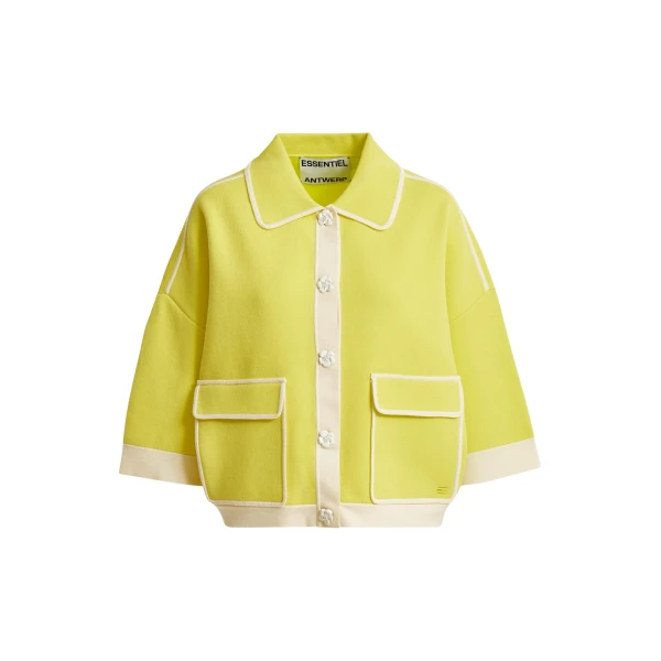 Essentiel Antwerp Yellow knit cardigan with flower buttons and off-white contrasting trims - Essentiel Antwerp Knitwear - Colorful Belgian Design - Shop at Luxury Shoes 