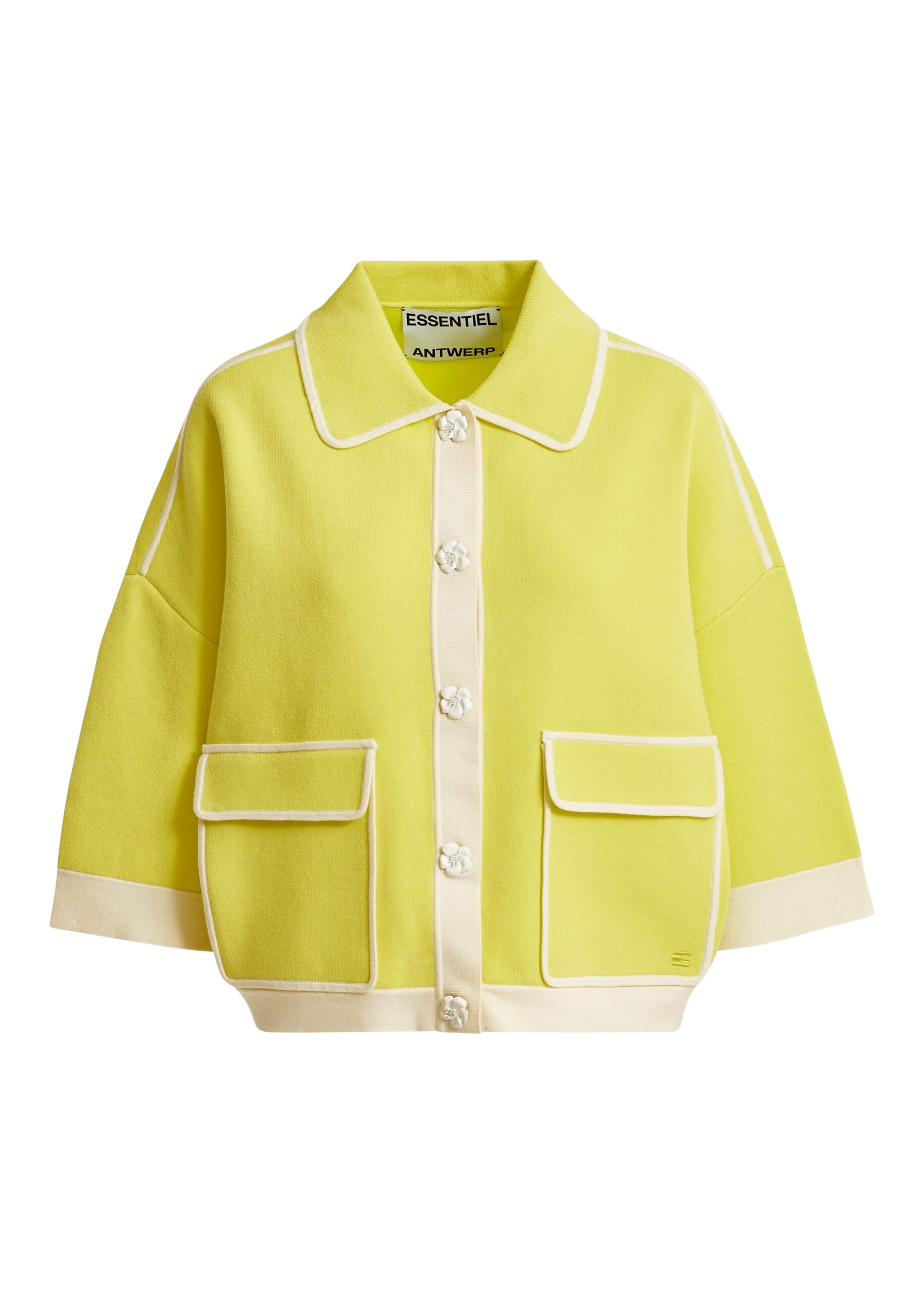 Essentiel Antwerp Yellow knit cardigan with flower buttons and off-white contrasting trims