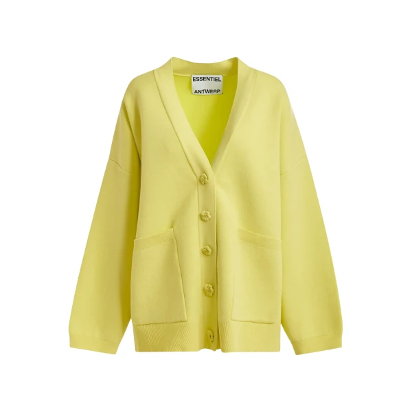 Essentiel Antwerp Yellow knit cardigan with tonal flower buttons - Essentiel Antwerp Knitwear - Colorful Belgian Design - Shop at Luxury Shoes 
