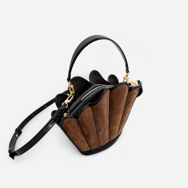 Mlouye Seashell Crossbody - Suede Espresso Bag a Architectural Leather Handbag in Brown at  Luxury Handbags Luxury