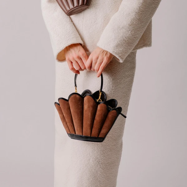 Mlouye Seashell Crossbody - Suede Espresso Bag a Architectural Leather Handbag in Brown at  Luxury Handbags Luxury