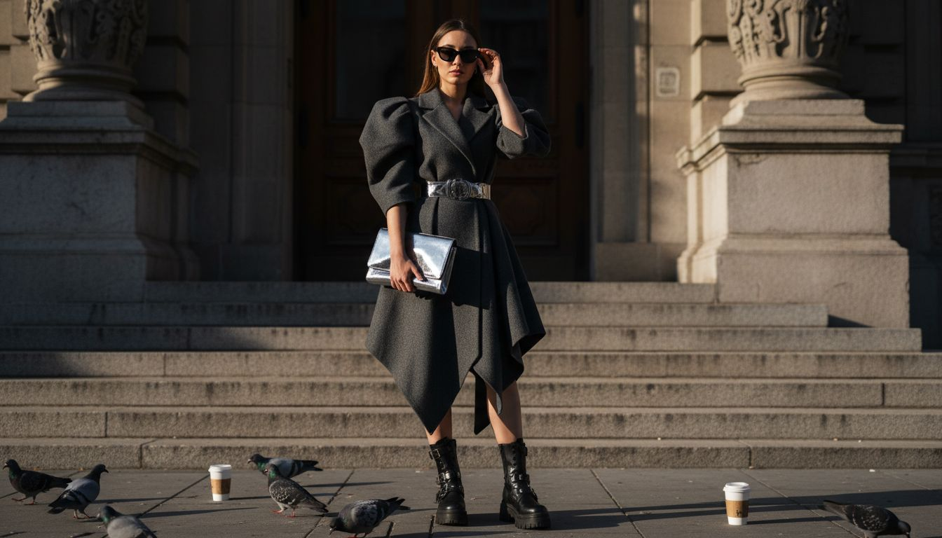 Woman in avant-garde fashion outside building