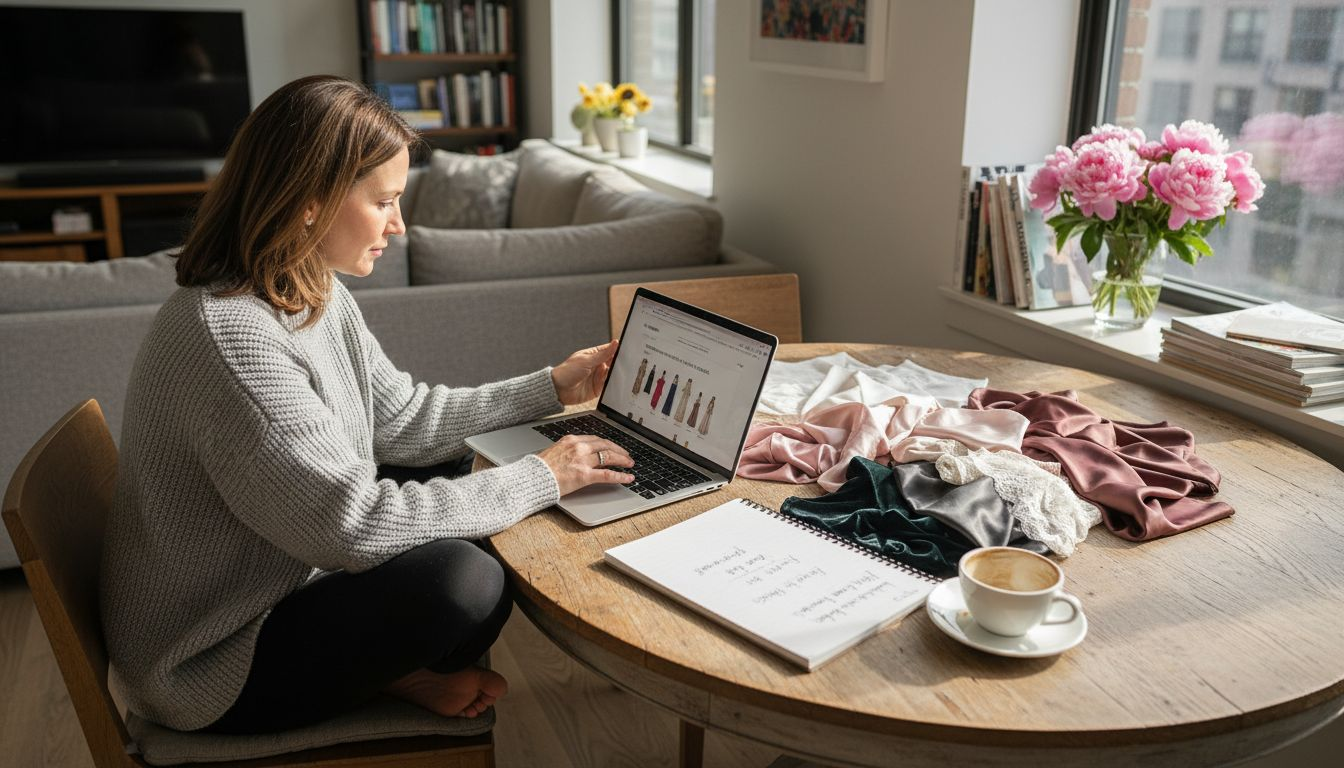 Woman shopping for luxury dresses online at home
