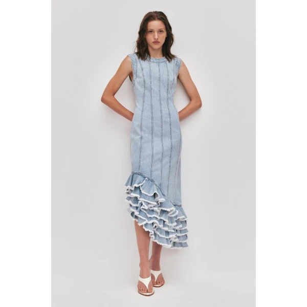 Tia Ruffle Denim Midi Dress