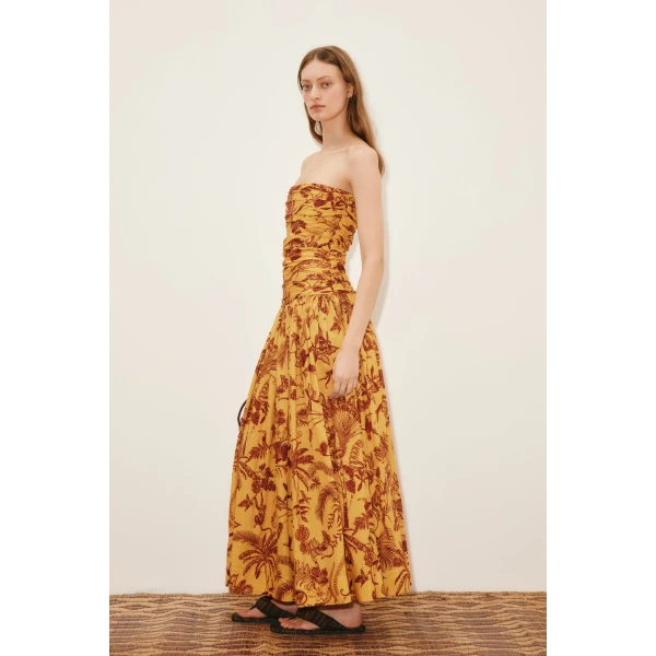 Alemais Banana Blossom Ruched Gown  Sustainable Dresses with Alemais print -  Luxury Handbags Australian Designer