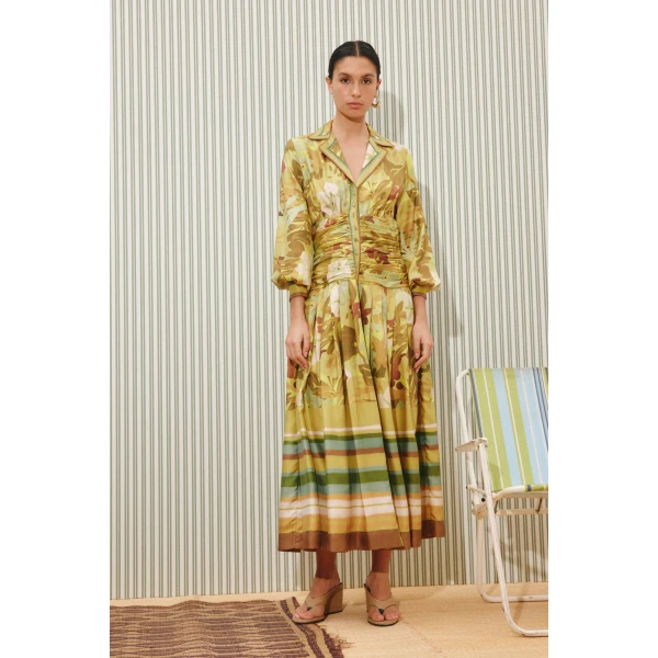 Alemais Maxi Silk Ruched Shirtdress  Sustainable Dresses with Alemais print -  Luxury Handbags Australian Designer