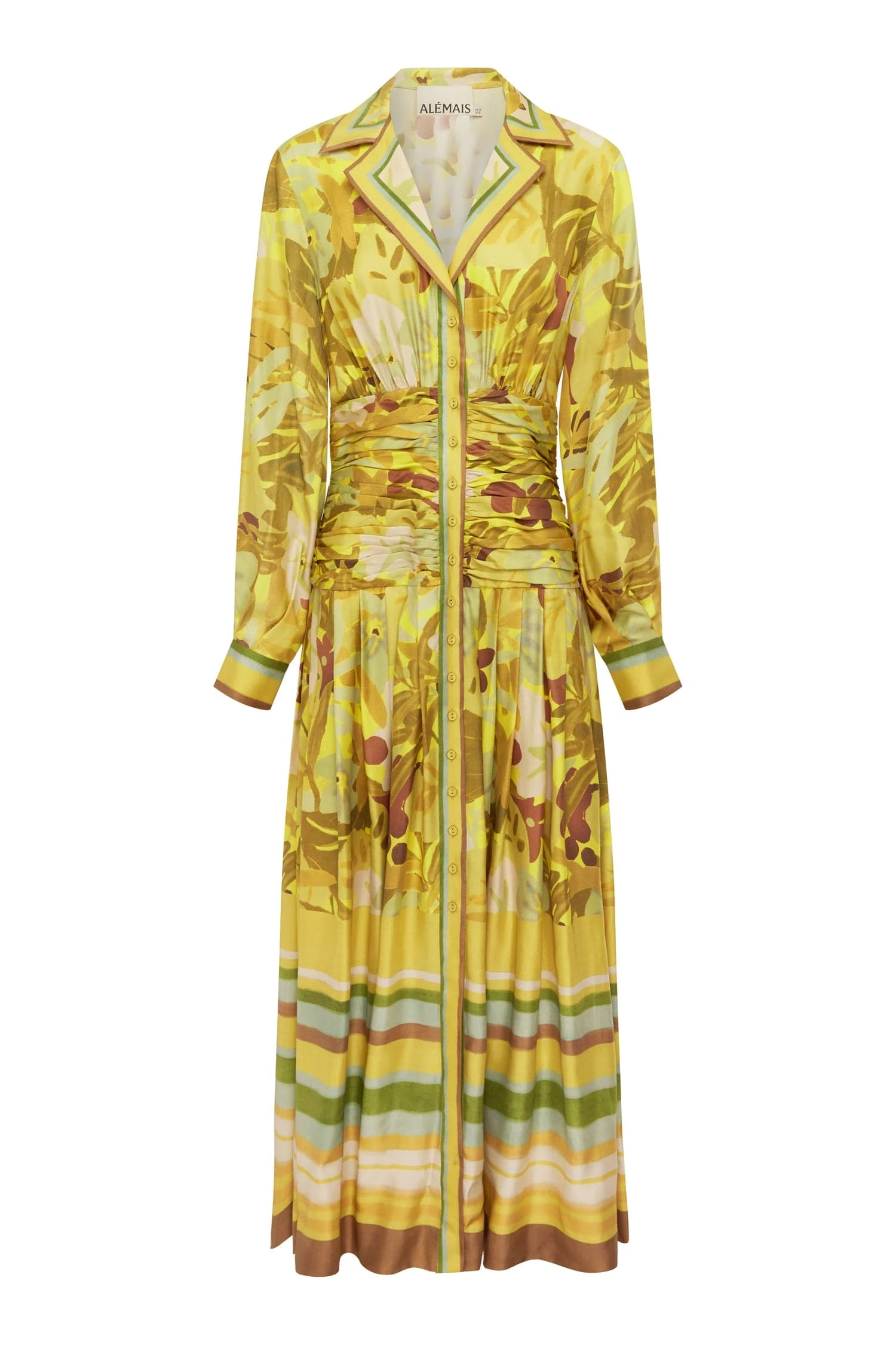 Maxi Silk Ruched Shirtdress by Alemais - Dresses Alemais Maxi Silk Ruched Shirtdress Sustainable Dresses with Alemais print - Luxury Handbags Australian Designer
