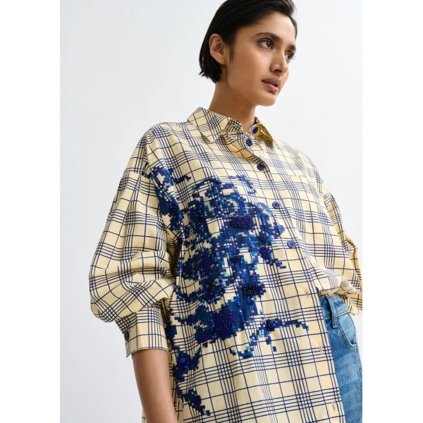 Essentiel Antwerp Beige and dark blue checked oversized cotton shirt with floral sequin and bead embellishment - Essentiel Antwerp Shirts - Colorful Belgian Design - Shop at Luxury Shoes 