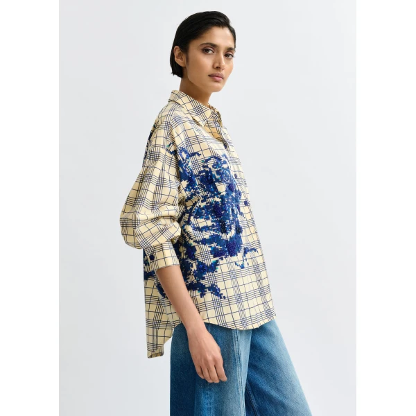 Essentiel Antwerp Beige and dark blue checked oversized cotton shirt with floral sequin and bead embellishment - Essentiel Antwerp Shirts - Colorful Belgian Design - Shop at Luxury Shoes 
