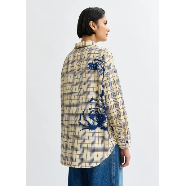 Essentiel Antwerp Beige and dark blue checked oversized cotton shirt with floral sequin and bead embellishment - Essentiel Antwerp Shirts - Colorful Belgian Design - Shop at Luxury Shoes 