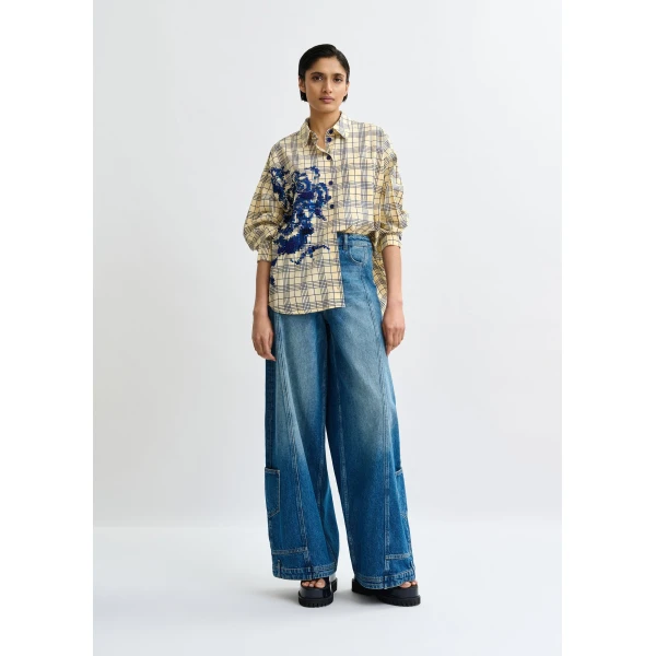 Essentiel Antwerp Beige and dark blue checked oversized cotton shirt with floral sequin and bead embellishment - Essentiel Antwerp Shirts - Colorful Belgian Design - Shop at Luxury Shoes 
