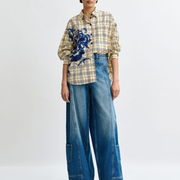 Essentiel Antwerp Beige and dark blue checked oversized cotton shirt with floral sequin and bead embellishment, view 5