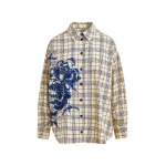Essentiel Antwerp Beige and dark blue checked oversized cotton shirt with floral sequin and bead embellishment - Essentiel Antwerp Shirts - Colorful Belgian Design - Shop at Luxury Shoes 