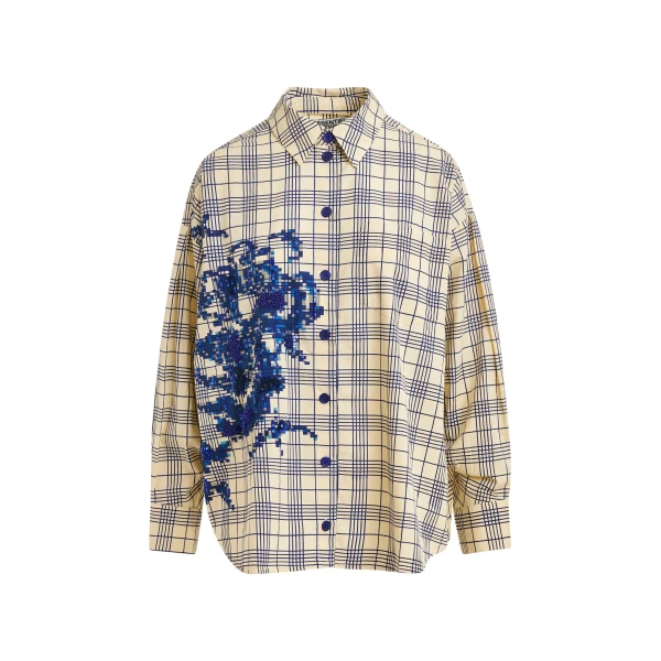 Essentiel Antwerp Beige and dark blue checked oversized cotton shirt with floral sequin and bead embellishment - Essentiel Antwerp Shirts - Colorful Belgian Design - Shop at Luxury Shoes 