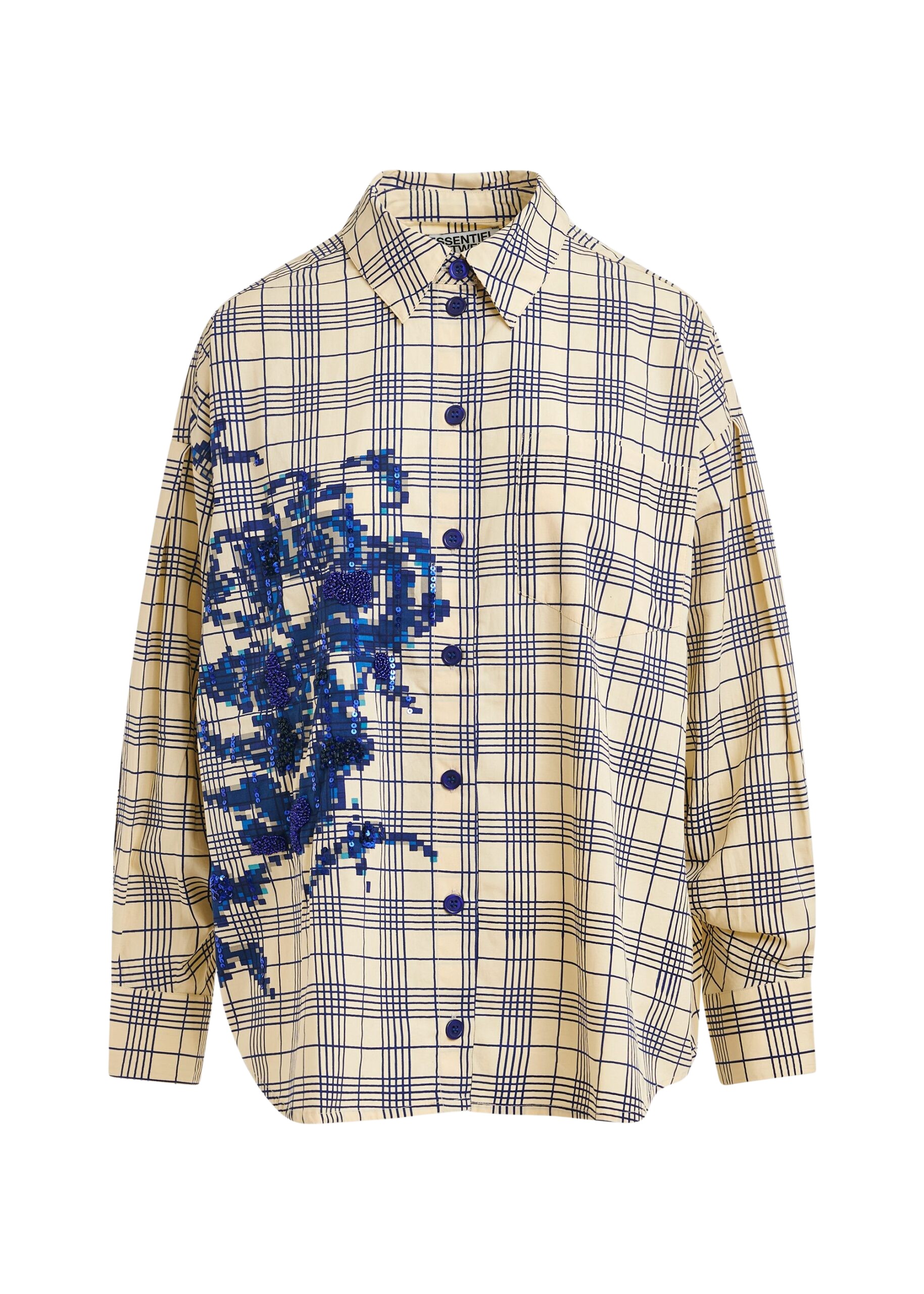 Essentiel Antwerp Beige and dark blue checked oversized cotton shirt with floral sequin and bead embellishment