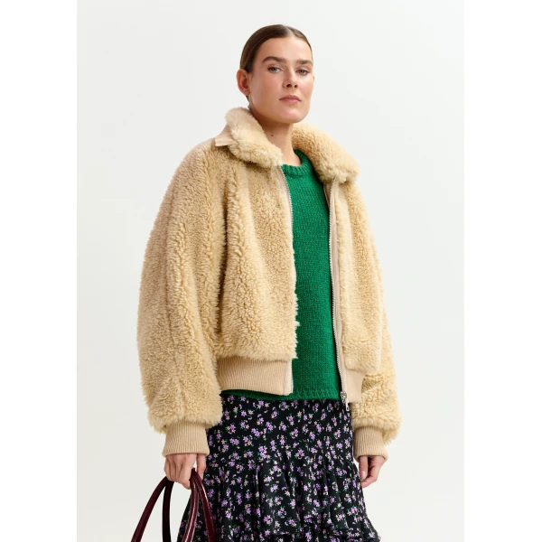 Essentiel Antwerp Beige oversized faux shearling bomber jacket - Essentiel Antwerp Jackets - Colorful Belgian Design - Shop at Luxury Shoes 