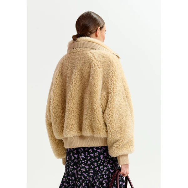 Essentiel Antwerp Beige oversized faux shearling bomber jacket - Essentiel Antwerp Jackets - Colorful Belgian Design - Shop at Luxury Shoes 