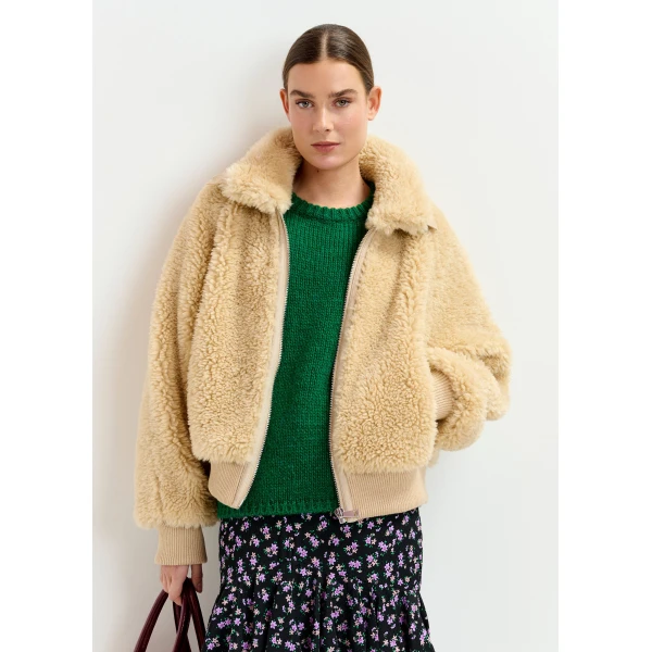 Essentiel Antwerp Beige oversized faux shearling bomber jacket - Essentiel Antwerp Jackets - Colorful Belgian Design - Shop at Luxury Shoes 