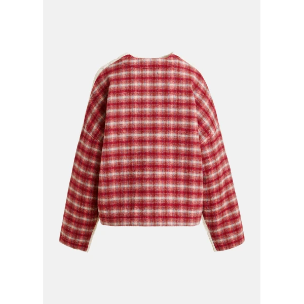 red and off-white cable-knit wool-blend sweater with checked back panel - Essentiel Antwerp Knitwear - Colorful Belgian Design - Shop at Luxury Shoes 