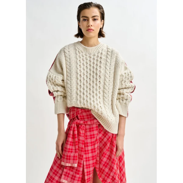 red and off-white cable-knit wool-blend sweater with checked back panel - Essentiel Antwerp Knitwear - Colorful Belgian Design - Shop at Luxury Shoes 