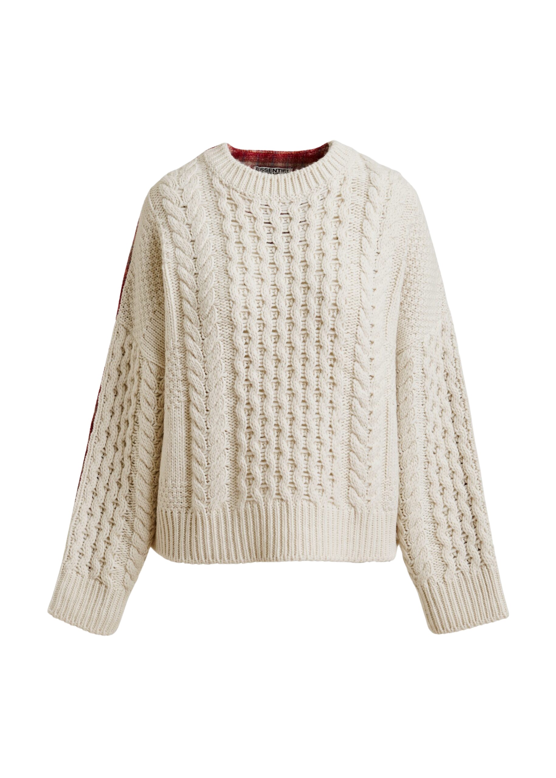 Essentiel Antwerp Beige, red and off-white cable-knit wool-blend sweater with checked back panel