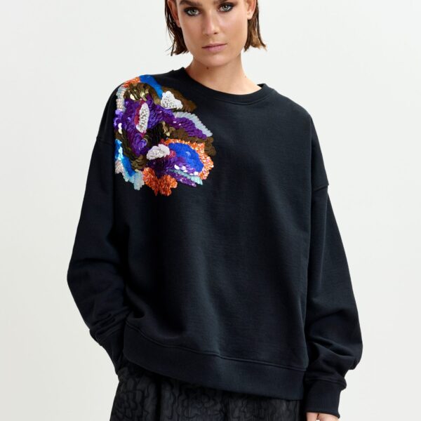 Essentiel Antwerp Black and multicolor cotton sweatshirt with floral sequin and bead-embellished embroidery Top, view 2