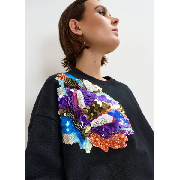 Essentiel Antwerp Black and multicolor cotton sweatshirt with floral sequin and bead-embellished embroidery - Essentiel Antwerp Shirts - Colorful Belgian Design - Shop at Luxury Shoes 