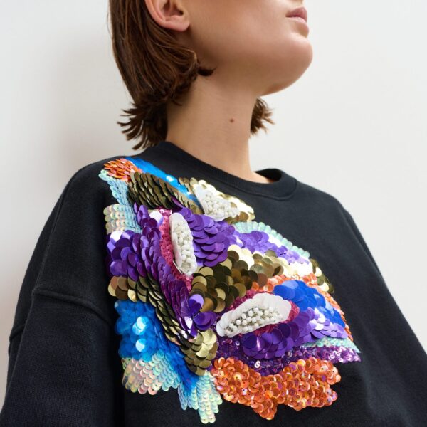 Essentiel Antwerp Black and multicolor cotton sweatshirt with floral sequin and bead-embellished embroidery Top, view 3
