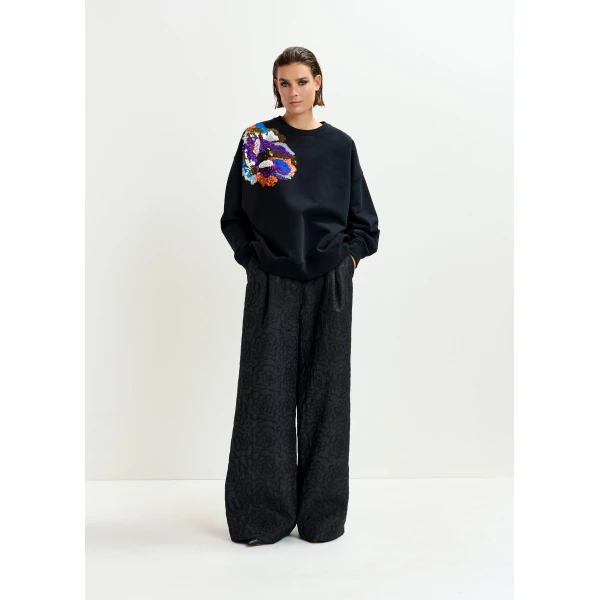 Essentiel Antwerp Black and multicolor cotton sweatshirt with floral sequin and bead-embellished embroidery - Essentiel Antwerp Shirts - Colorful Belgian Design - Shop at Luxury Shoes 