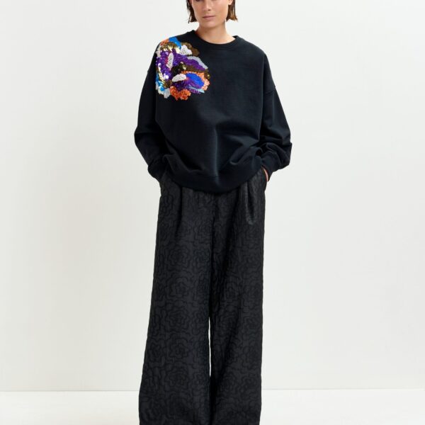 Essentiel Antwerp Black and multicolor cotton sweatshirt with floral sequin and bead-embellished embroidery Top, view 5