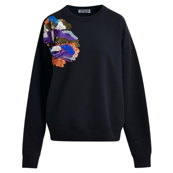 Essentiel Antwerp Black and multicolor cotton sweatshirt with floral sequin and bead-embellished embroidery Top