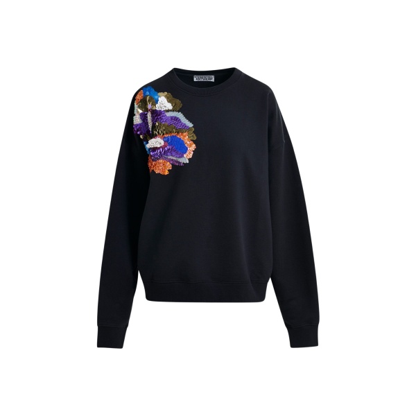 Essentiel Antwerp Black and multicolor cotton sweatshirt with floral sequin and bead-embellished embroidery - Essentiel Antwerp Shirts - Colorful Belgian Design - Shop at Luxury Shoes 