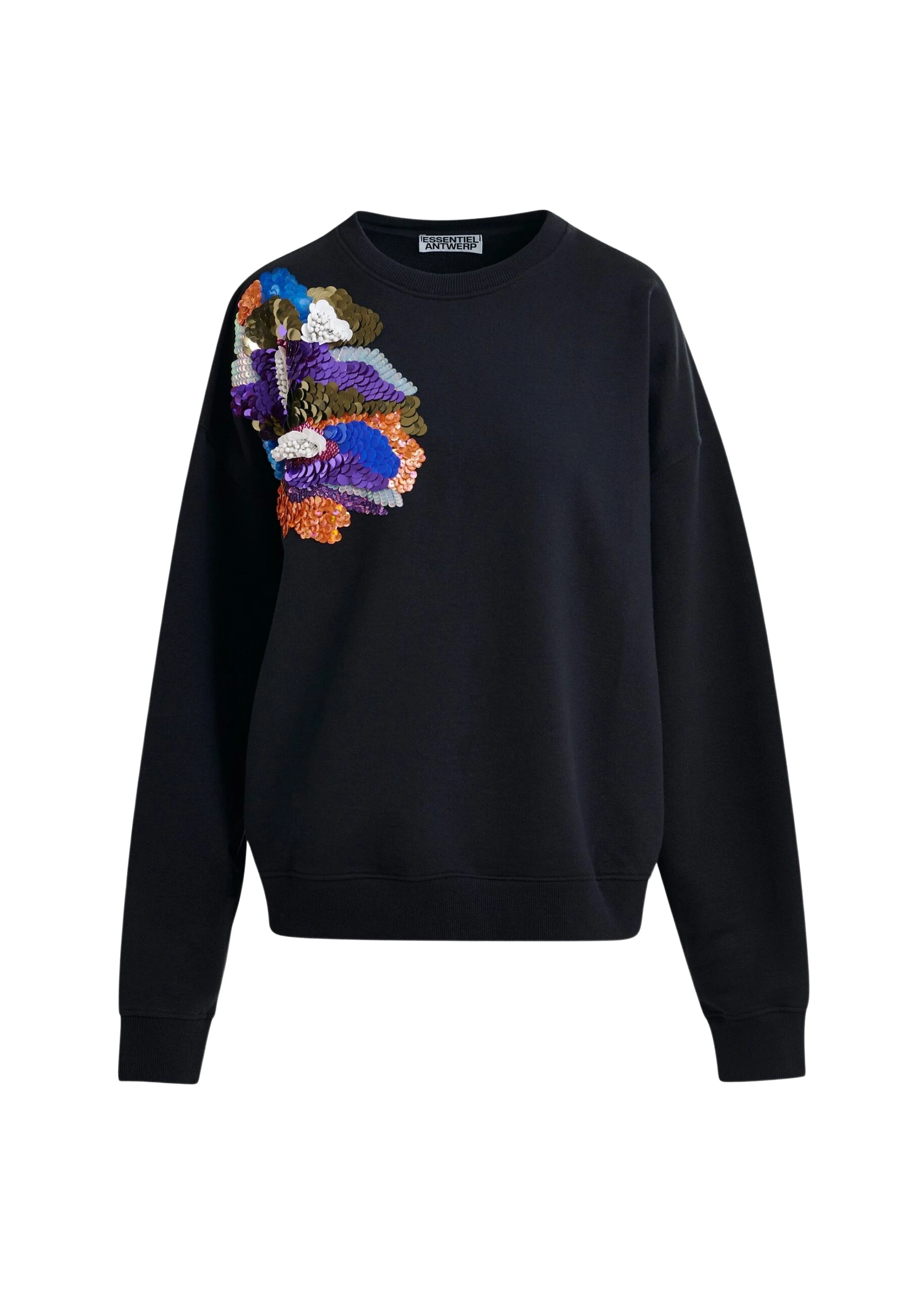 Black-and-multicolor-cotton-sweatshirt-with-floral-sequin-and-bead-embellished-embroidery-Essentiel-Antwerp-Shirts-scaled17644_nobg Essentiel Antwerp Black and multicolor cotton sweatshirt with floral sequin and bead-embellished embroidery - Essentiel Antwerp Shirts - Colorful Belgian Design - Shop at Luxury Shoes