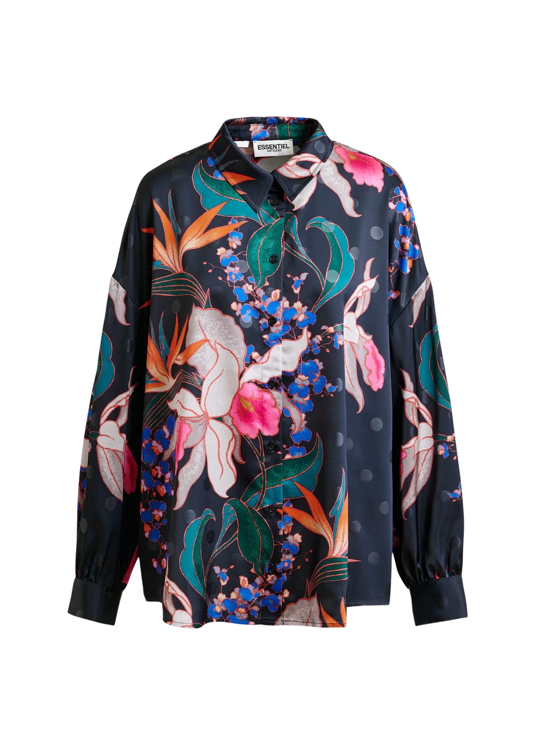 Essentiel Antwerp Black and multicolor oversized shirt with pleated cuffs