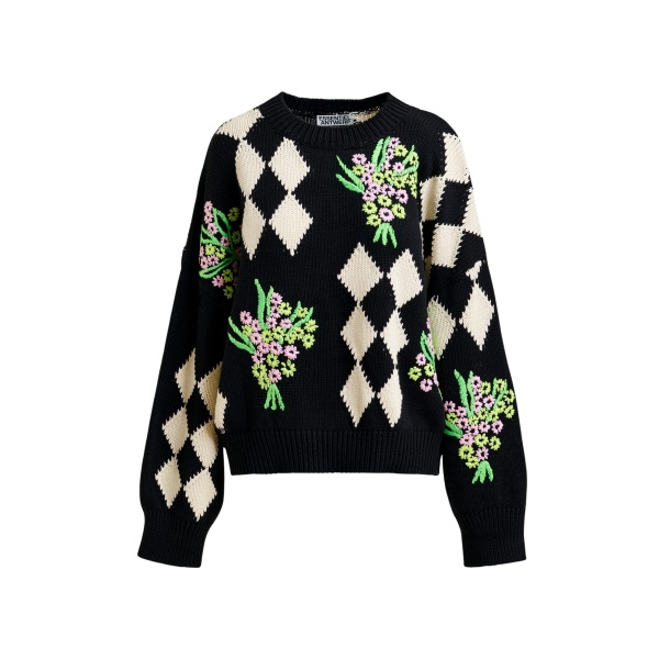 Essentiel Antwerp Black and off-white oversized jacquard knit sweater - Essentiel Antwerp Jackets - Colorful Belgian Design - Shop at Luxury Shoes 