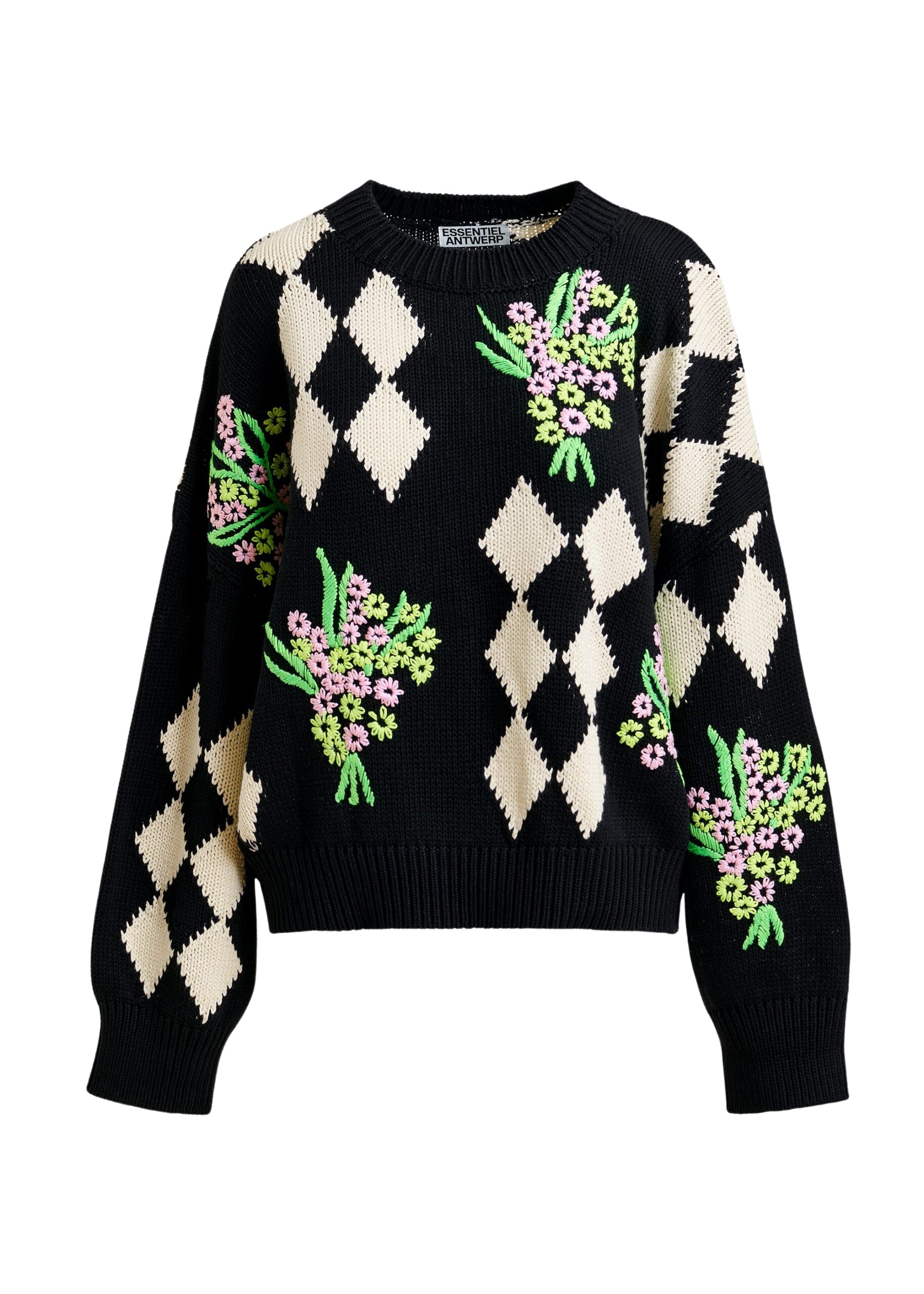 Essentiel Antwerp Black and off-white oversized jacquard knit sweater - Essentiel Antwerp Jackets - Colorful Belgian Design - Shop at Luxury Shoes 