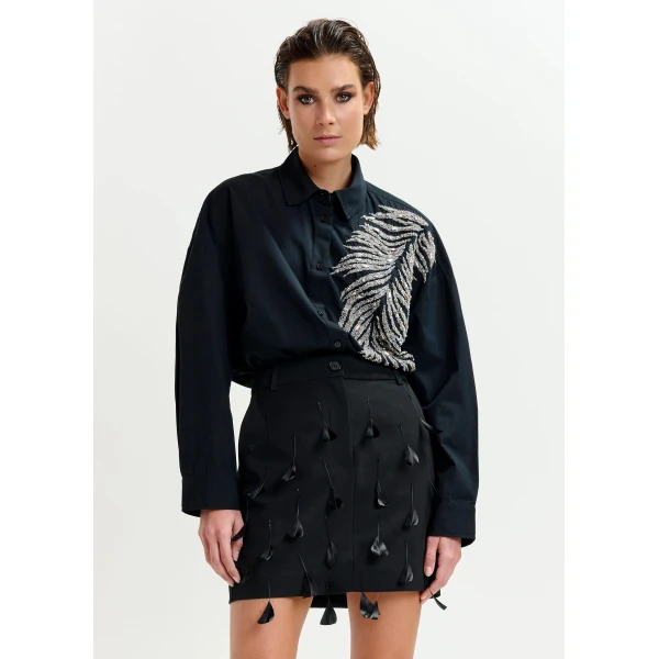 Essentiel Antwerp Black and silver oversized cotton shirt with sequin and bead embellishment - Essentiel Antwerp Shirts - Colorful Belgian Design - Shop at Luxury Shoes 