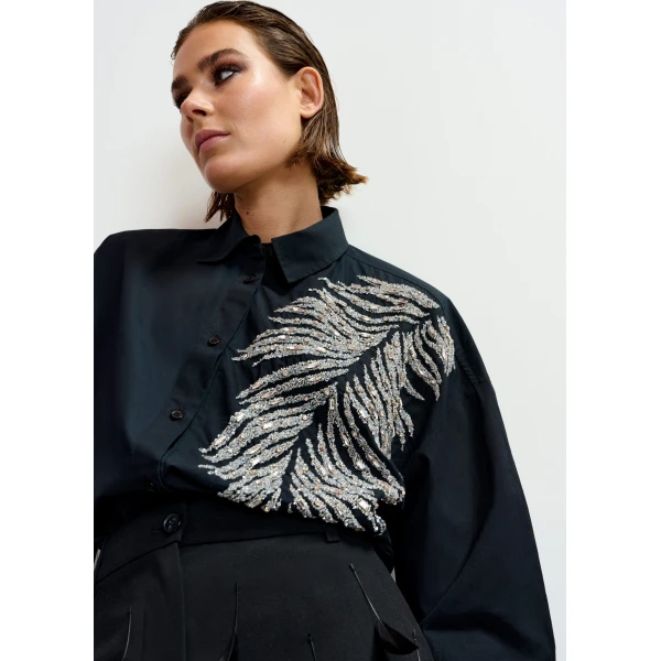 Essentiel Antwerp Black and silver oversized cotton shirt with sequin and bead embellishment - Essentiel Antwerp Shirts - Colorful Belgian Design - Shop at Luxury Shoes 